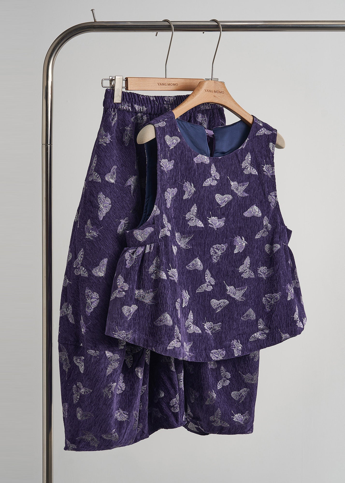 Art Purple Embroidered Butterfly Silk Velvet Two-piece Set Sleeveless