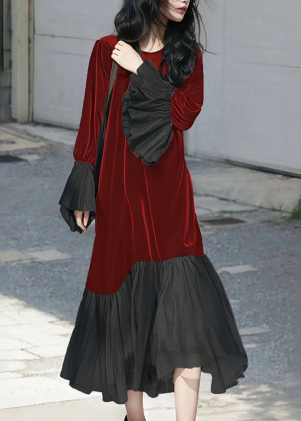 French Red O-neck Patchwork Silk Velvet Long Dress Flare Sleeve Fall