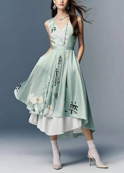 Fine Green Print Exra Large Hem Silk Cami Dresses Summer