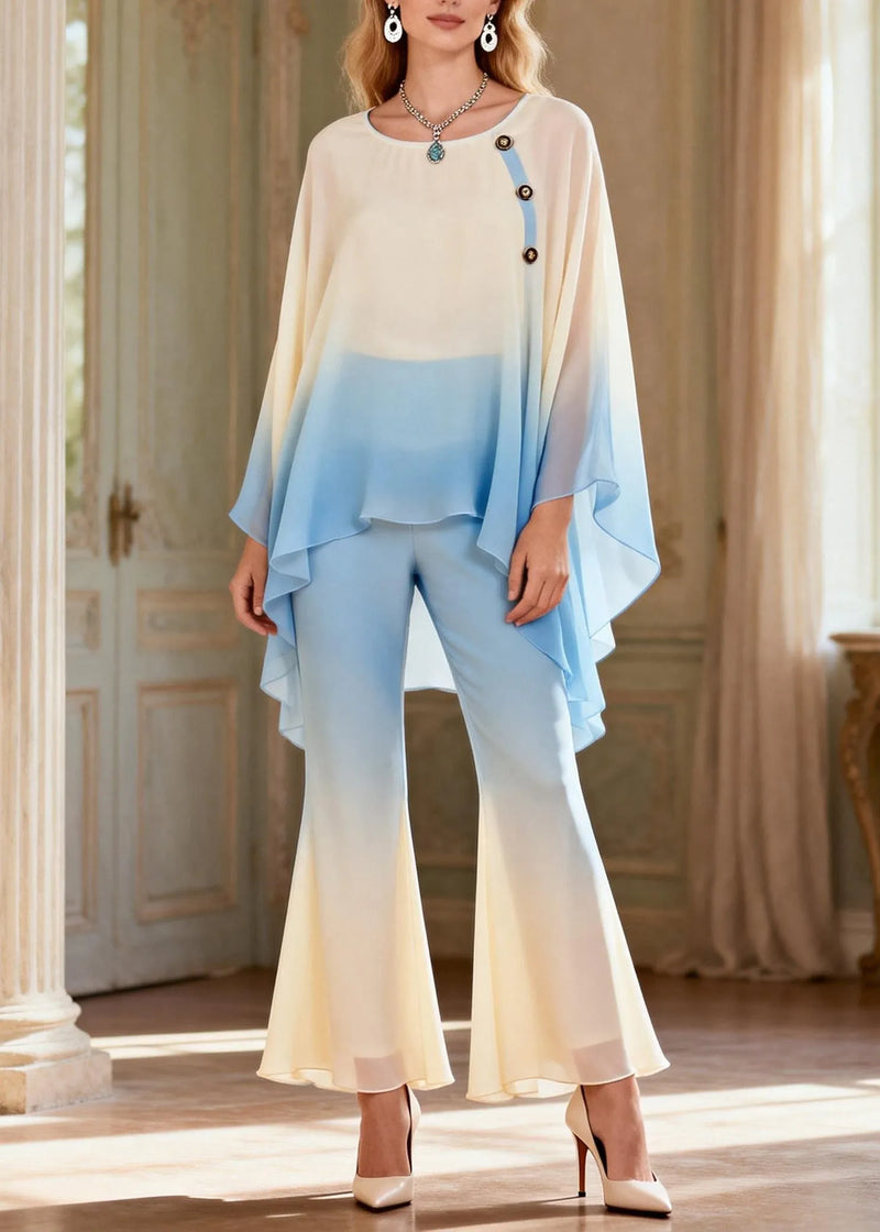 Modern Gradient Color O Neck Silk 2 Piece Outfit Spring