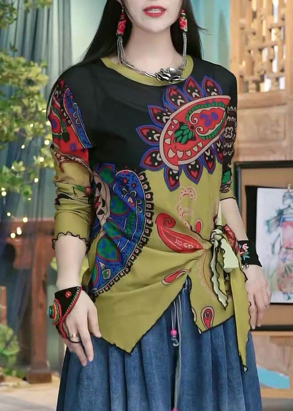 Colorblock Print Lace Up Cotton Top Long Sleeve