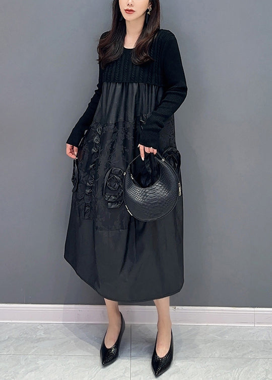 Black Ruffled Knit Patchwork Faux Leather Dress Fall