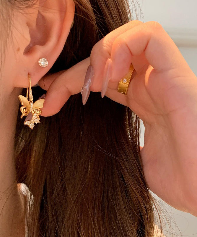 Gold Sterling Silver Overgild Zircon Butterfly Drop Earrings