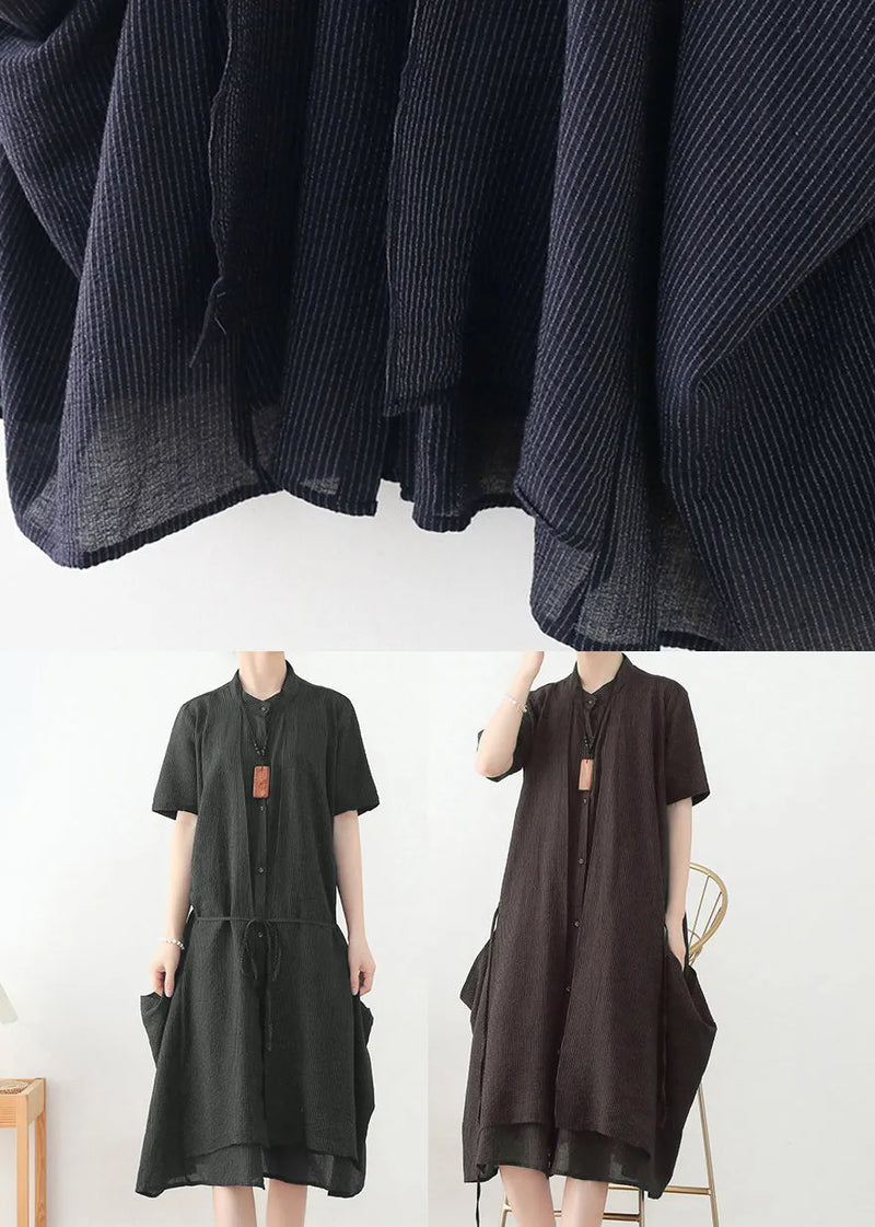Navy Asymmetrical Design Button Linen Dress Short Sleeve