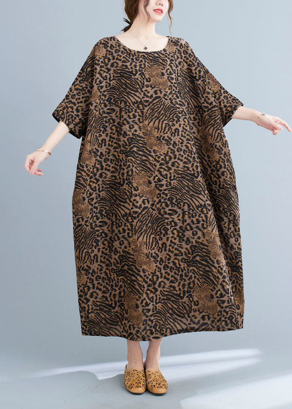 Yellow Leopard Pockets Print Cotton Loose Dresses Half Sleeve