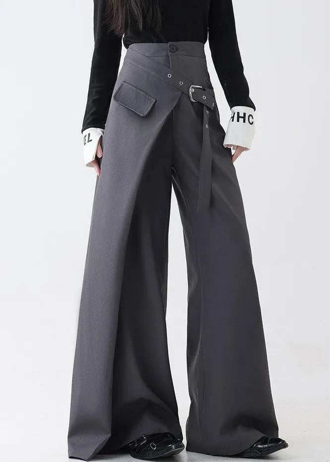 Grey False Two Pieces Spandex Fall Wide Leg Pants Pockets
