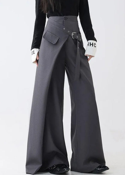 Grey False Two Pieces Spandex Fall Wide Leg Pants Pockets