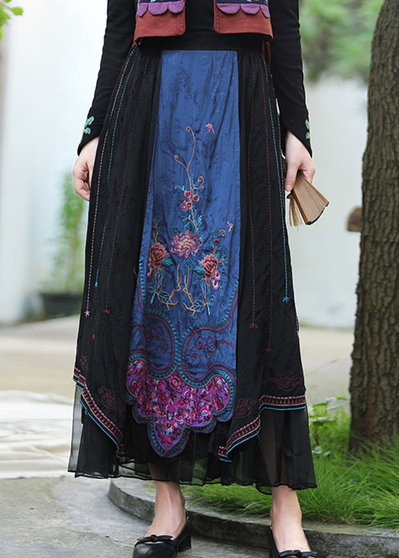 Black Embroideried Tulle Patchwork Elastic Waist Linen Maxi Skirts Fall