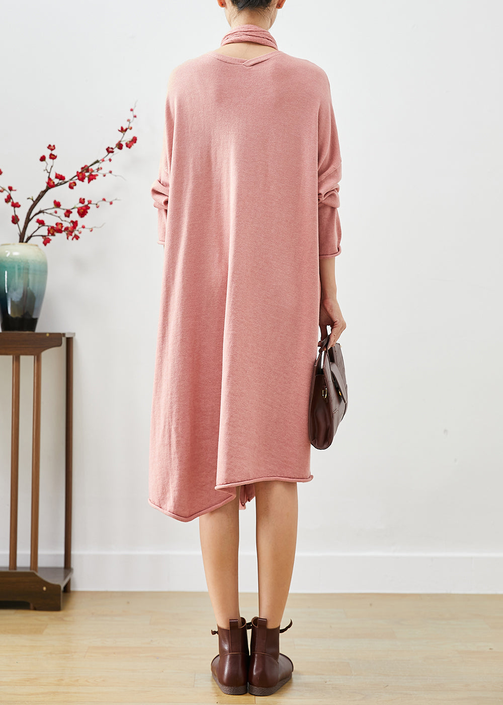 Pink Oversized Complimentary Scarf Knit Dress Batwing Sleeve Spring