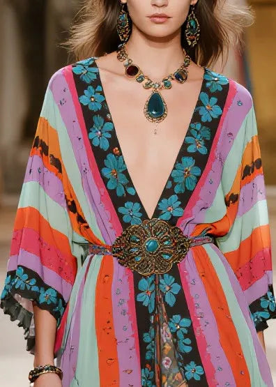 Colorblock Print Side Open Chiffon Party Dress Summer