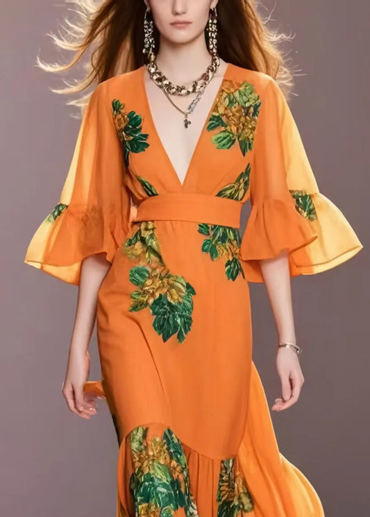 Boutique Orange Print Chiffon Robe Dresses Flare Sleeve Summer