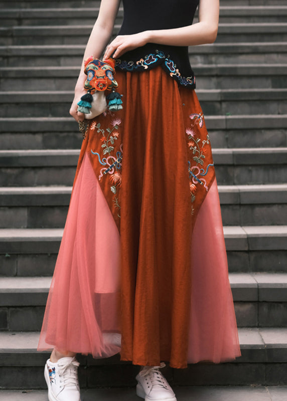 Red Embroideried Tulle a Line Skirt Summer