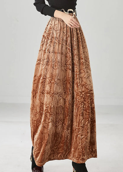 Khaki Elastic Waist Wrinkled Silk Velour Skirt Fall