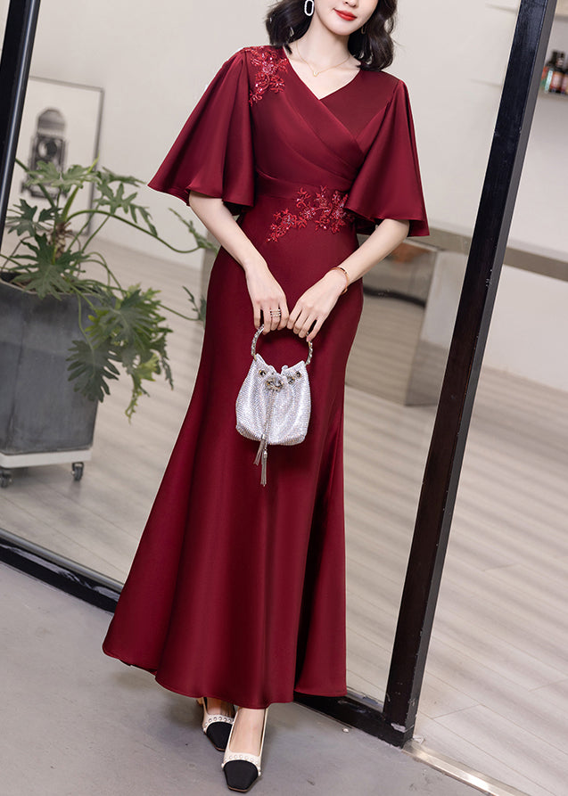 Classy Wine Red V Neck Embroideried Cotton Long Dresses Butterfly Sleeve