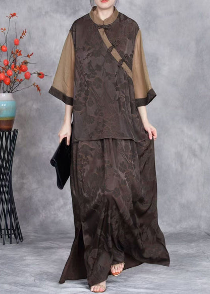 French Coffee Chinese Button Tops and Skirts Silk Two Pieces Set Summer