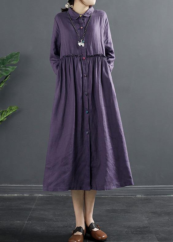 Purple Tunic Pattern Lapel Ruffles Long Dress