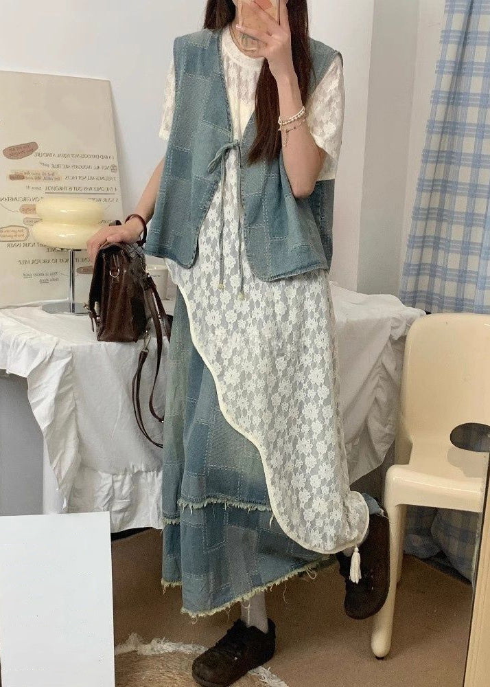 Blue Asymmetrical Lace Up Denim Three Piece Set Summer