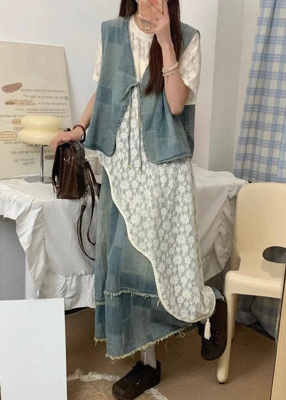 Blue Asymmetrical Lace Up Denim Three Piece Set Summer