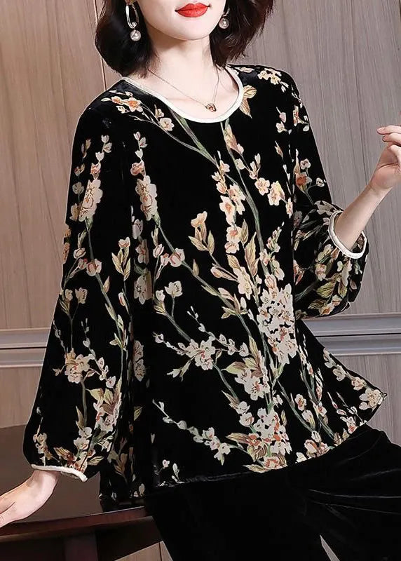 Jacquard Black O-neck Silk Velour Shirt Long Sleeve