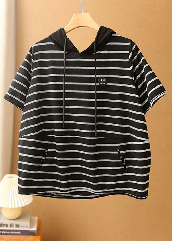 Navy Striped Drawstring Hooded Cotton Pullover Short Sleeve