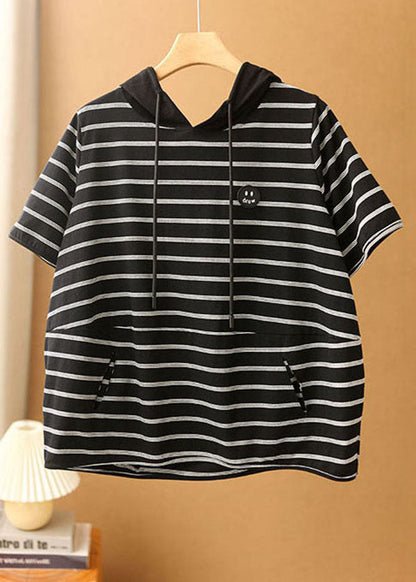 Navy Striped Drawstring Hooded Cotton Pullover Short Sleeve