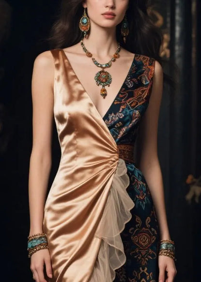 New Retro Asymmetrical Tulle Patchwork Print Silk Dress Summer
