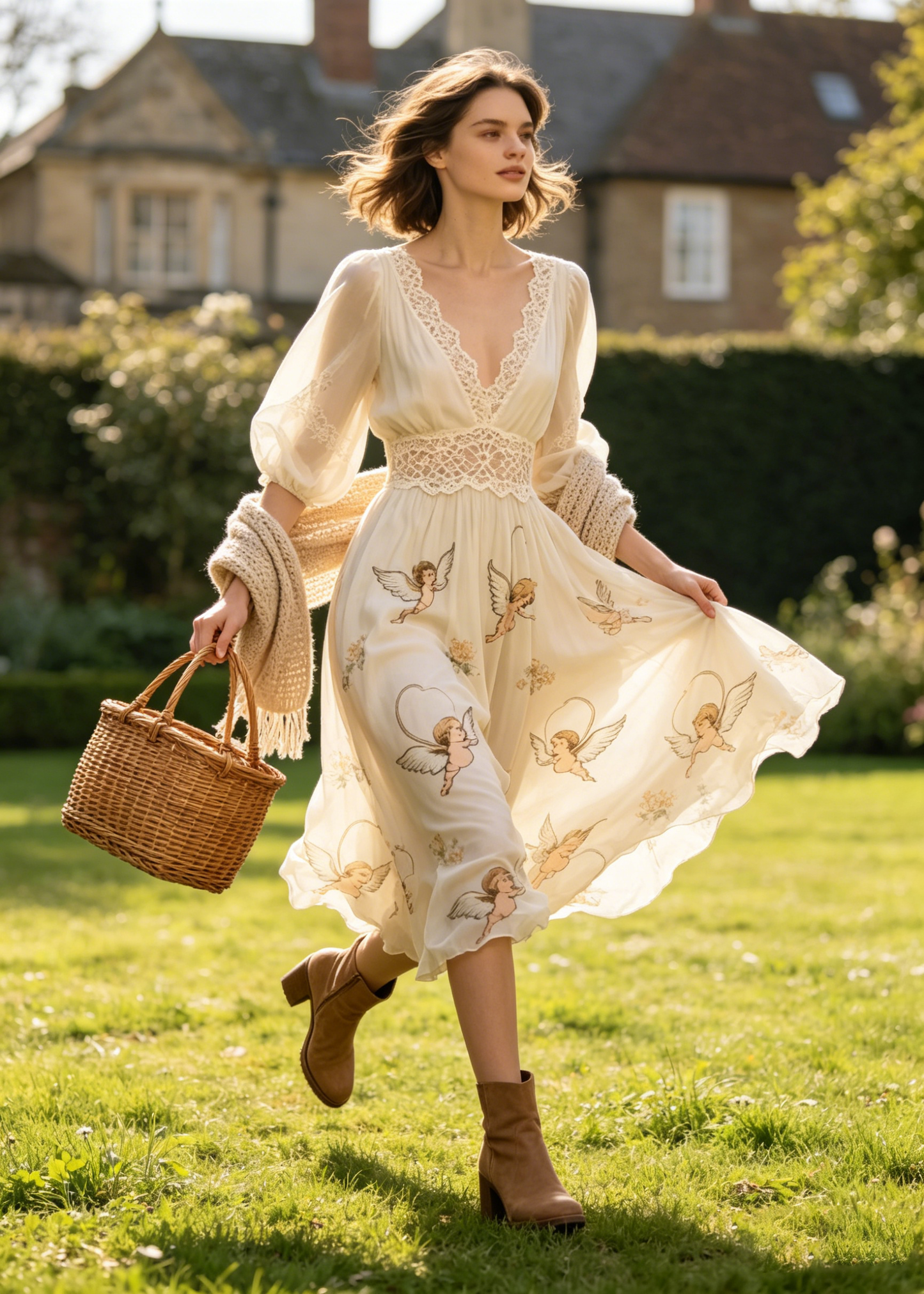 Apricot Print Lace Patchwork Chiffon Dress Summer