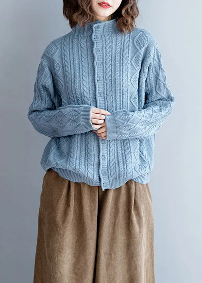 Light Blue Turtle Neck Button Woolen Knit Sweaters Spring