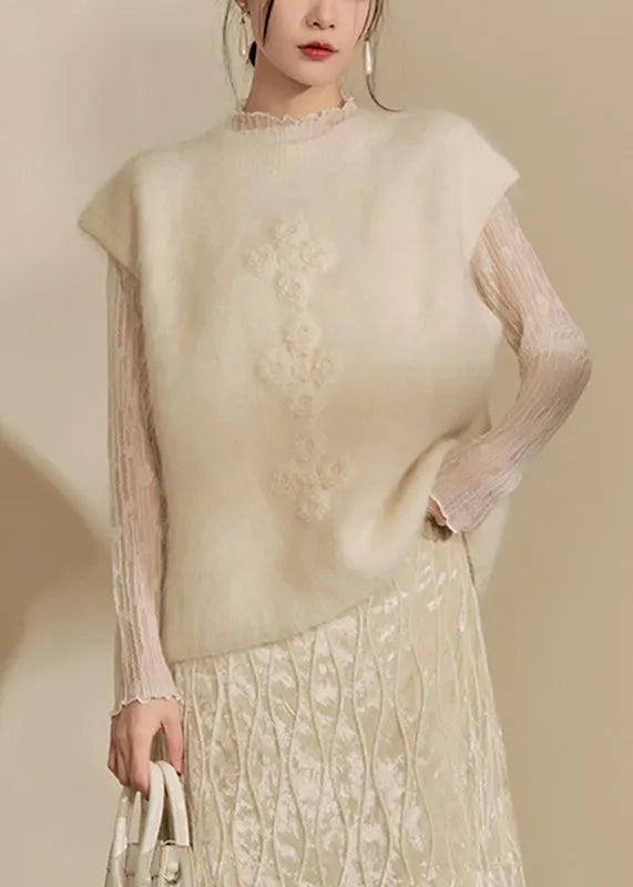 Simple Beige O-neck Cozy Cotton Knit Waistcoat Winter