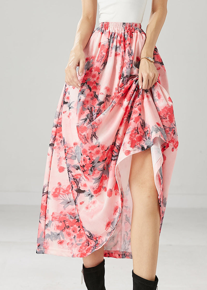 Pink Plum Blossom Print Cotton a Line Skirts Spring