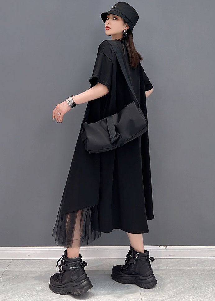 Black Tulle Patchwork Cotton Pullover Dresses Zip Up Short Sleeve