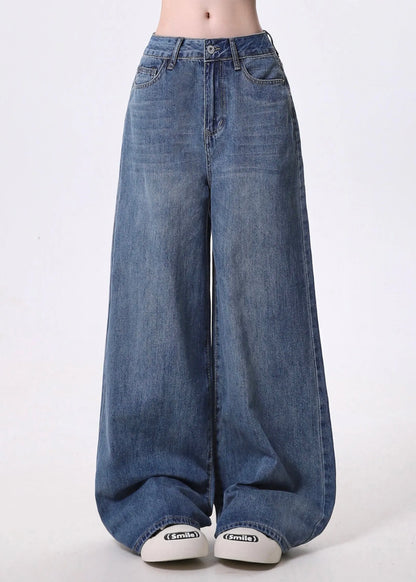 Simple Style Light Blue Pockets Denim Wide Leg Pants Spring