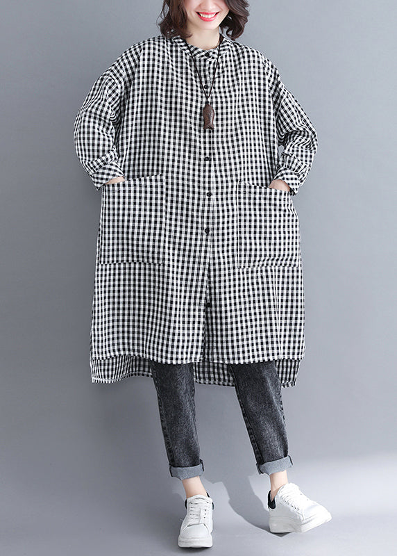Plaid Button Pockets Patchwork Cotton Shirts Dresses Fall