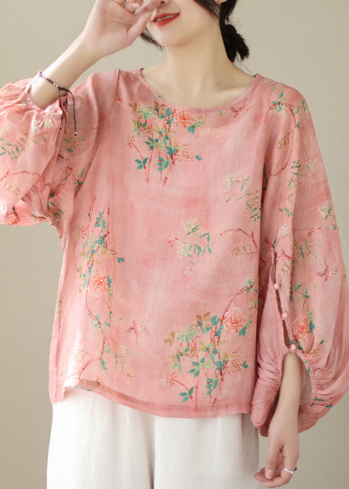 Pink Print Button Patchwork Cotton Tops Long Sleeve