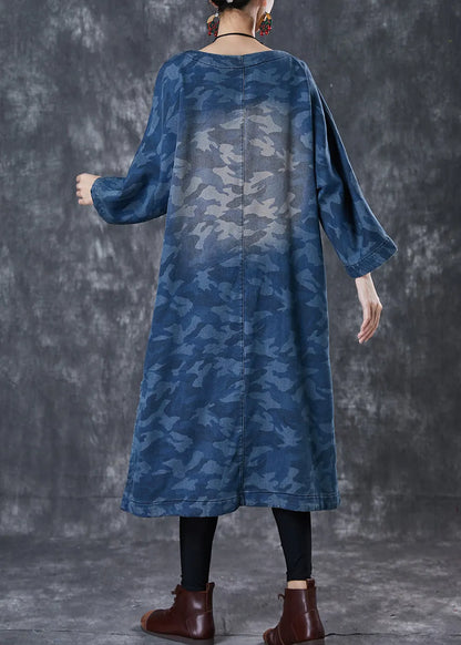 Blue Camouflage Print Chinese Button Denim Dress Spring