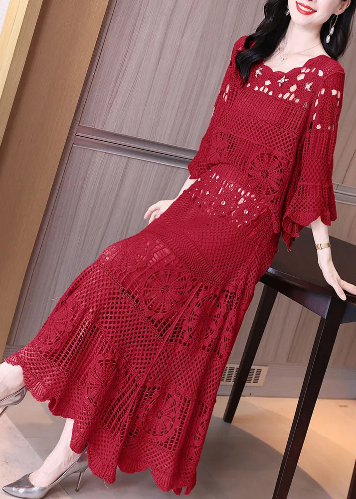 Loose Red Hollow Out Tops and Skirts Knit Two Pieces Set Flare Sleeve