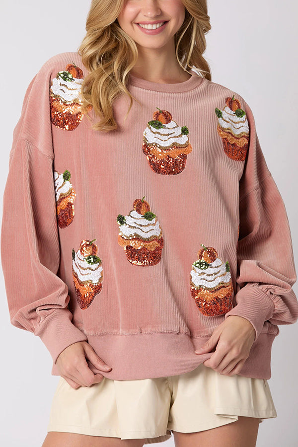 Christmas Pumpkin Pie Sequin Crew Neck Loose Sweatshirt