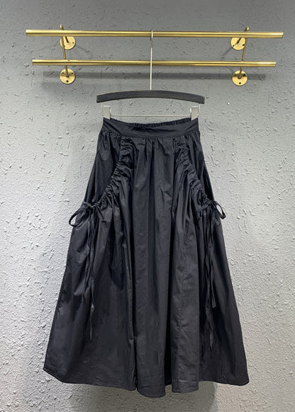 Black Cinched Pockets Elastic Waist Patchwork Cotton Skirt Spring