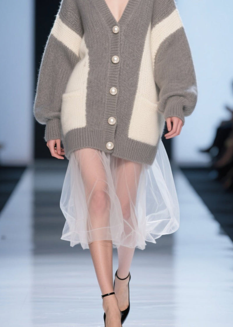 Grey Button Tulle Patchwork Knit Cardigan Fall