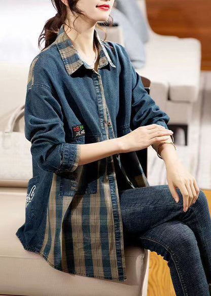 Plaid Peter Pan Collar Button Patchwork Denim Blouse Tops Fall