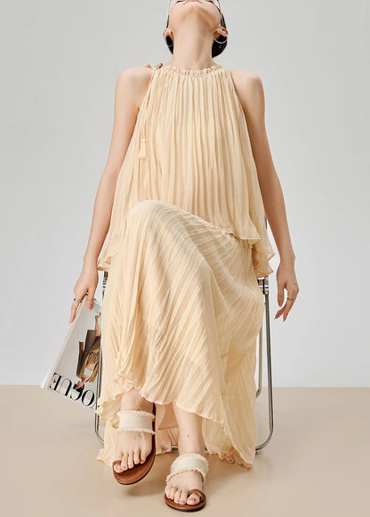 Apricot Wrinkled Tops and Skirts Chiffon Two Pieces Set Sleeveless