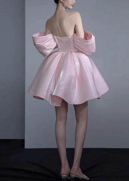 Novelty Pink Cold Shoulder Zippered Silk Princess Dresses Summer