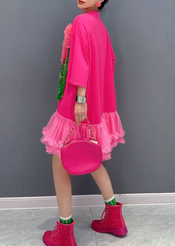 Italian Black O-neck Tulle Patchwork Mid T Shirts Dress Long Sleeve