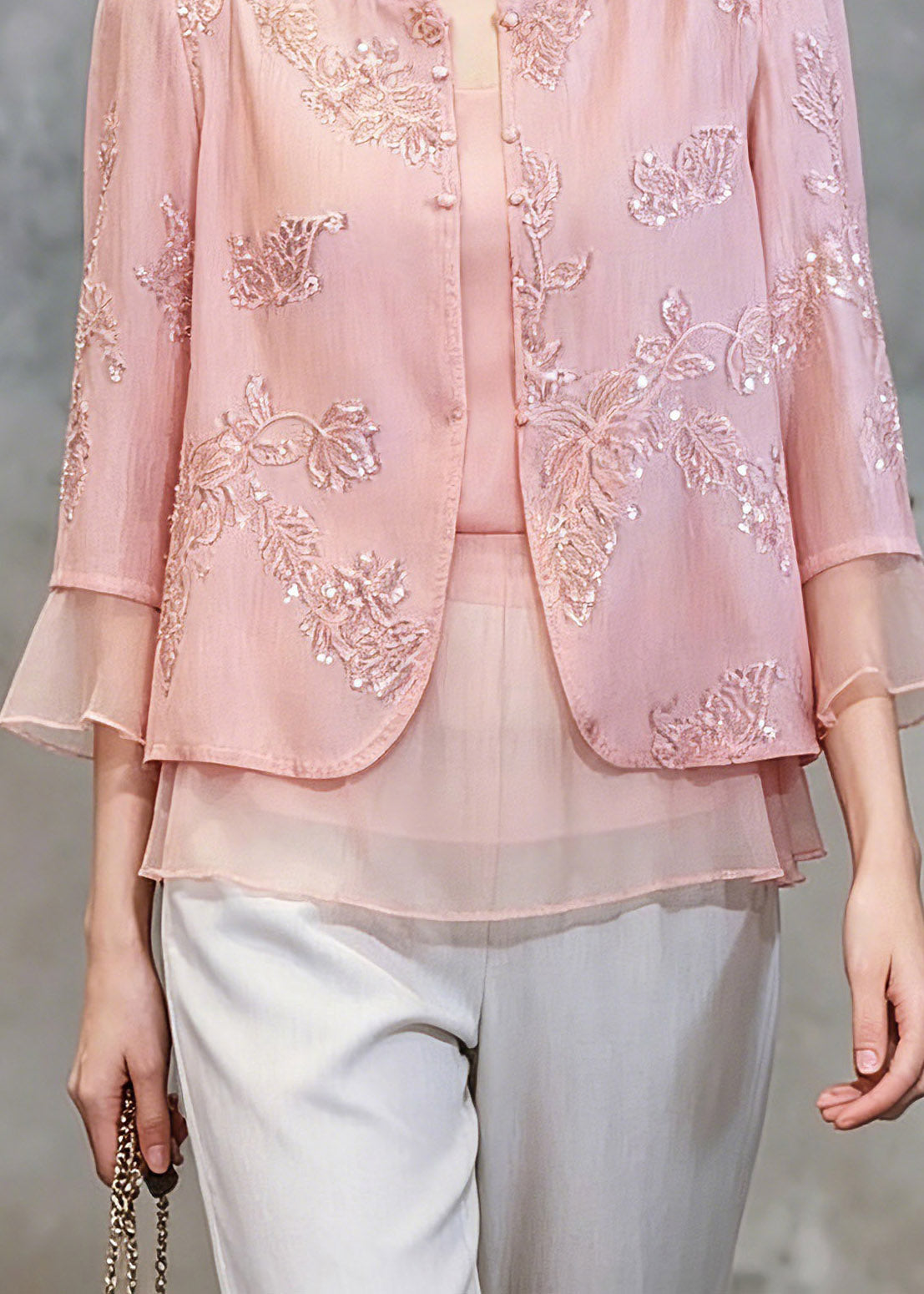 Pink Patchwork Button Fake Two-piece Chiffon Shirt Three Quarter Sleeve