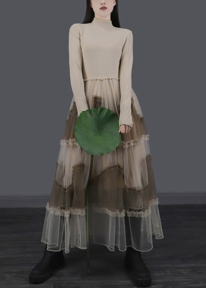 Apricot Ruffled Tulle Patchwork Slim Fit Long Dresses Asymmetrical