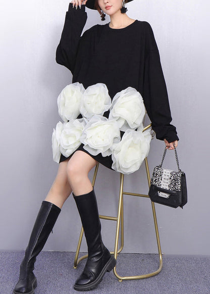 Black Decorated Cotton Mid Dresses Oversized Spring