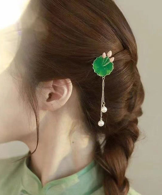 Green Sterling Silver Alloy Pearl Lotus Leaves Hairpin