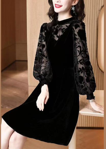 Jacquard Black High Waist Patchwork Silk Velour Dresses Winter