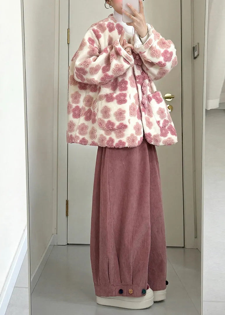 Pink Pockets Mink Velvet Coats and Wide Leg Pants Two Piece Set Winter