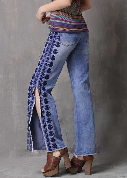 Light Blue Embroidered Side Open Pockets High Waist Jeans Summer